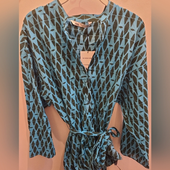 NWT Zara 100% Cotton "The Reese Dress" in Blue Geo Print - Size M - Picture 12 of 14